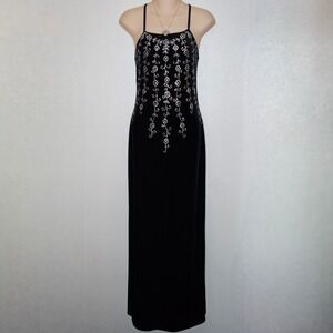 Vintage Status Collection Black Velvet‎ Maxi Dress Silver Floral Formal